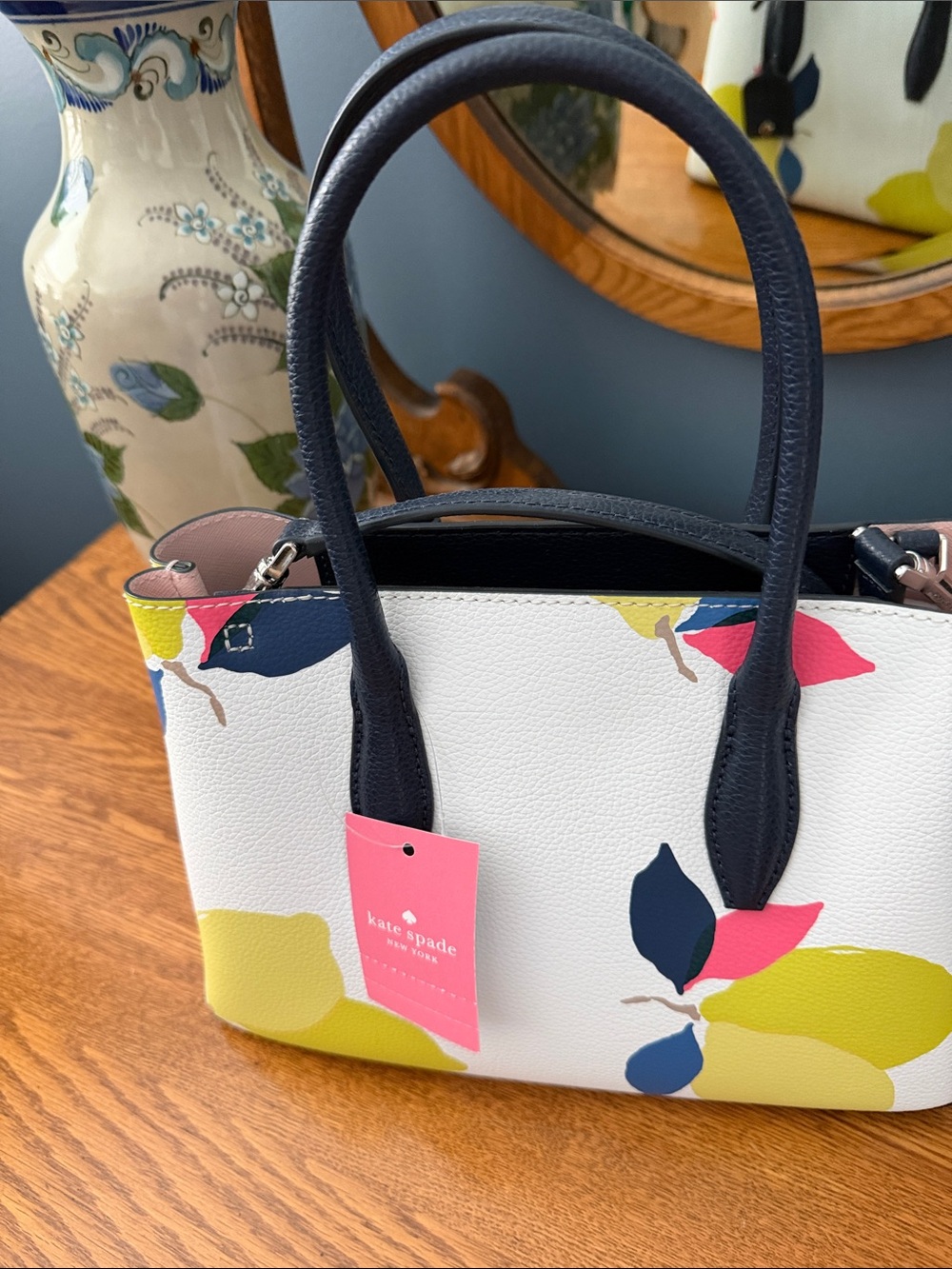 NWT kate spade White Floral Satchel with Navy Handles and Yellow, Pink Accents - Picture 2 of 3